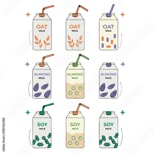 Flat vector illustration of non-dairy plant-based milk cartons including oat, almond, and soy milk with straws.