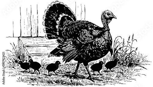A turkey silhouette illustration with chicks in a grassy field