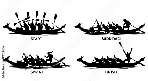 Dragon Boat Festival race sequence silhouettes showing competitive rowing event phases
