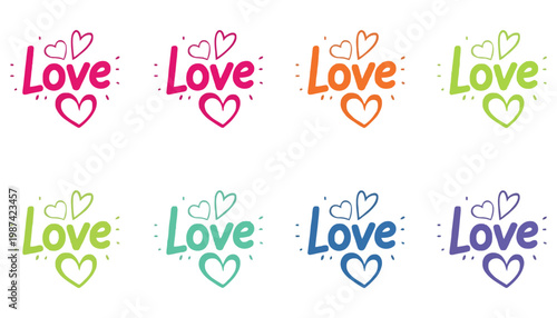 Love icon illustration set in various colorful styles and designs