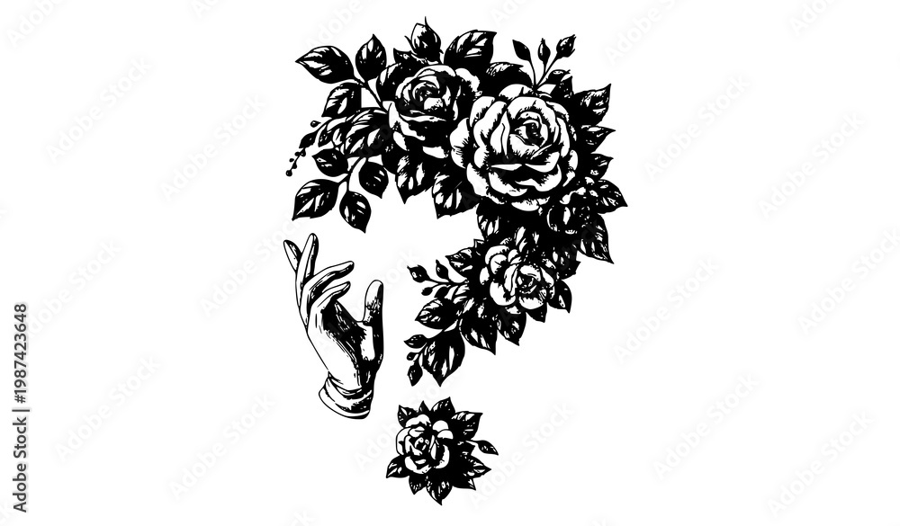 Fototapeta premium tribal lion tattoo Vintage rose floral composition with elegant gloved hand engraving style vector isolated on white background