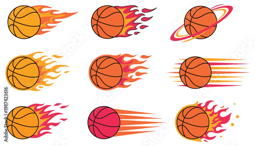 A basketball icon set with flaming and speeding illustrations