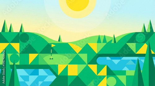 Geometric shapes in green landscape.