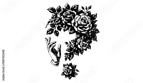 tribal lion tattoo Vintage rose floral composition with elegant gloved hand engraving style vector isolated on white background