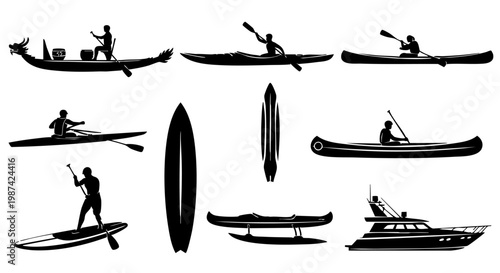 Collection of professional watercraft silhouettes featuring traditional dragon boat festival vessels and outdoor rowing equipment