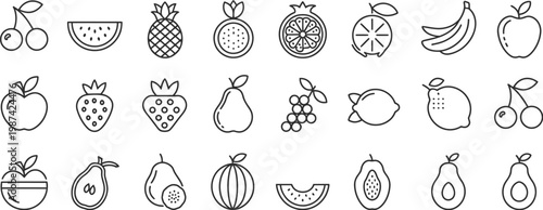 Hand drawn fruit icon set with line style illustration including apple banana pineapple citrus cherry watermelon and pear outline collection