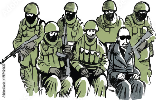 A group of masked soldiers in green uniforms holding guns and kneeling with a man in a suit.