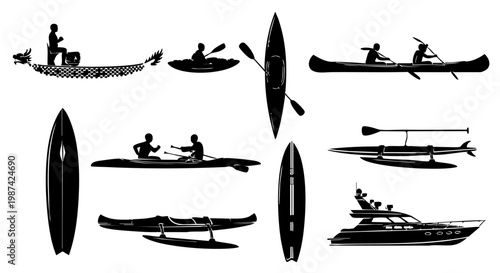 Silhouette collection of marine vessels featuring dragon boat festival rowers and luxury yachts