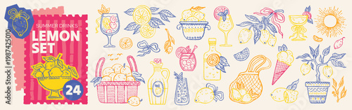 Hand drawn Italian lemon doodle set. Mediterranean vintage summer citrus illustration with Amalfi coast art. Limoncello wine bottle glass lemon vase. Coastal Italy stamp frame card with summer food bg
