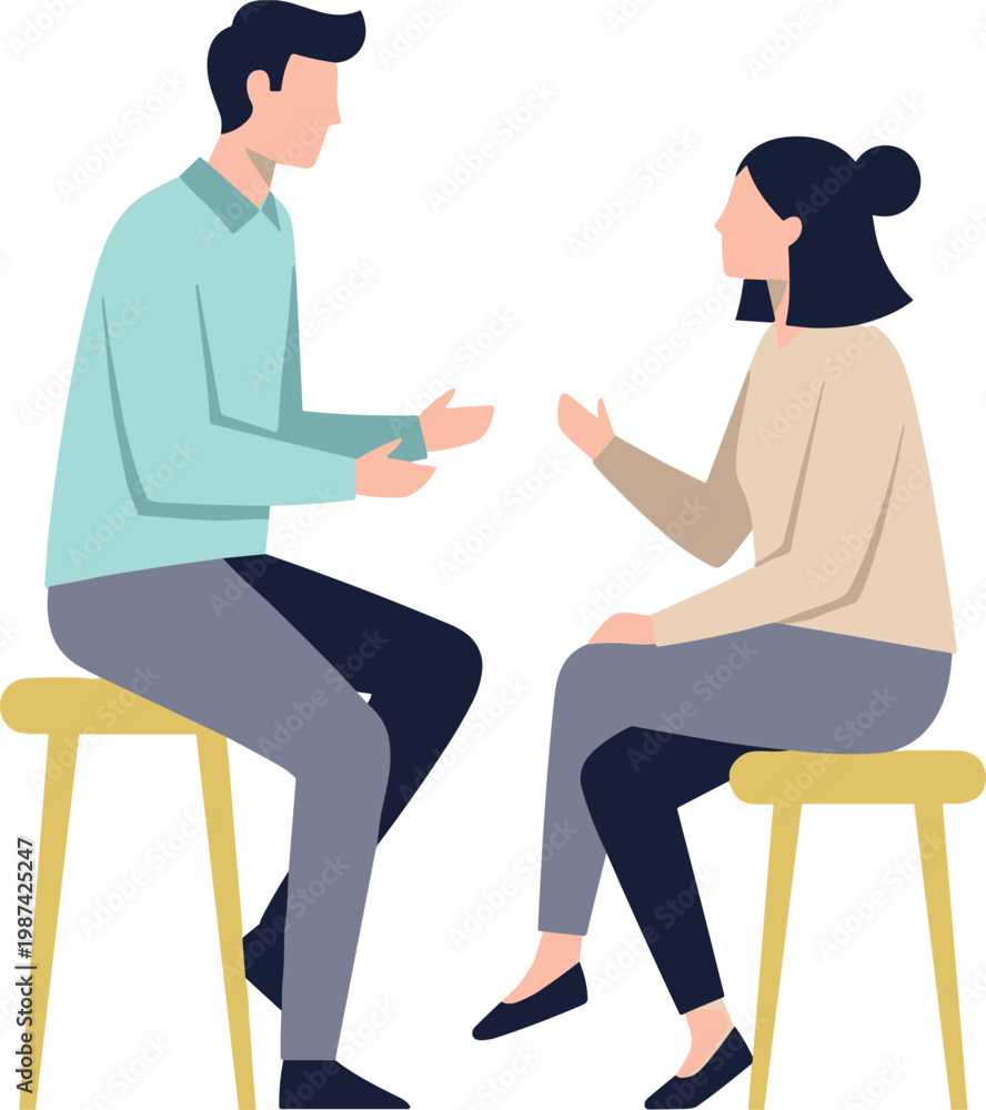 Fototapeta premium A man and woman having a conversation on stools on transparent background
