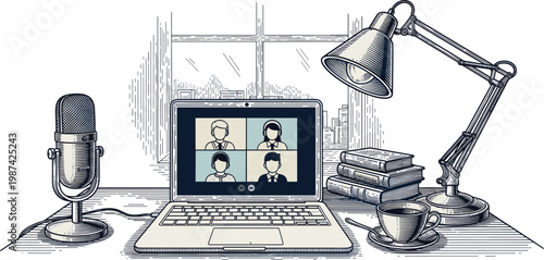 A laptop on a desk with a video call on the screen on transparent background