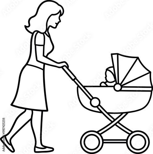 A woman pushing a baby stroller on transparent background