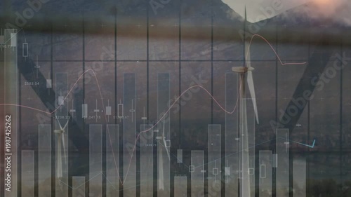 Vertical video: Animating charts data updating bars candles line over ridge turbines showing power