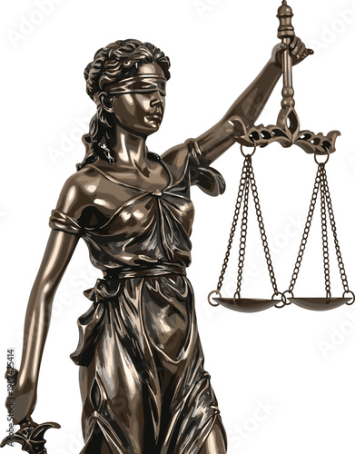 Bronze Lady Justice Statue Holding Scales and Sword Symbolizing Law, Legal System and Courtroom Justice Concept
