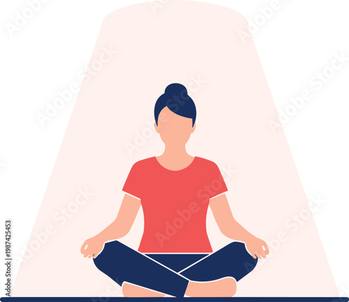 A woman meditates peacefully on a yoga mat on transparent background