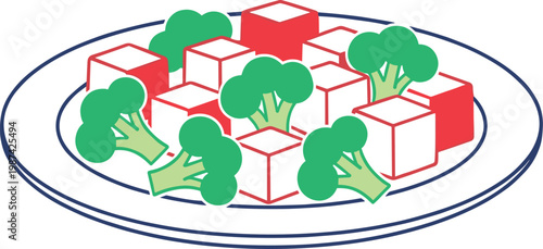 A plate of steamed broccoli and cubes of food on transparent background