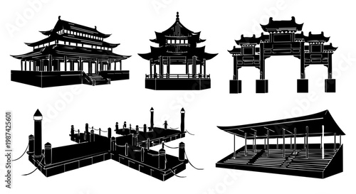 Traditional Asian Architectural Elements Silhouette Set for Oriental Design Projects