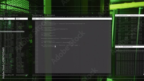 Translucent UI appearing, main terminal filling code and showing passwords for crypto, LEDs visible