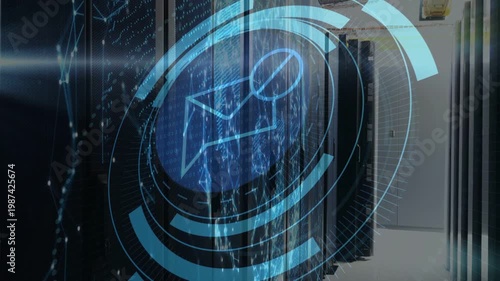 Horizontal lens flare starting blue holo HUD over racks, rings pulsing, highlighting envelope alert