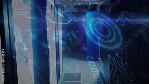 HUD fading in from right, tracing circuit lines left, pulsing reticle, mapping racks for monitoring
