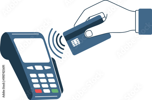 A hand holding a contactless payment card near a terminal on transparent background