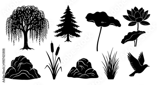 Professional nature landscape silhouettes including trees plants lotus rocks and flying bird vector icons