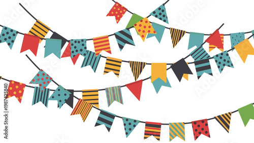 Rows of festive colorful party bunting flags with various patterns like dots and stripes hanging against a clean white background.