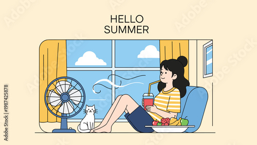 Cozy summer scene of a young woman relaxing by an open window with a fan, a cat, fruit, and a cold drink under hello summer text.