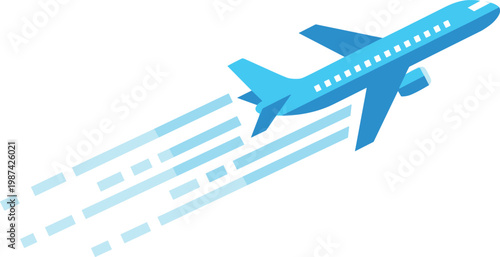 A blue airplane flying through the air on transparent background