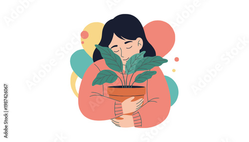 A woman holding a plant in a colorful illustration style
