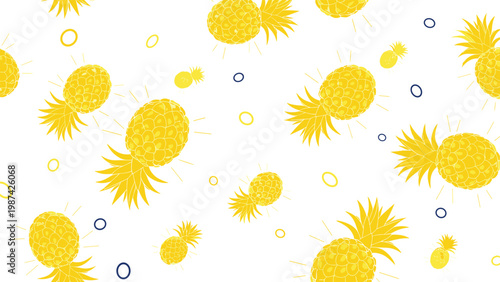 Seamless tropical pattern featuring vibrant yellow pineapples and small colorful circles scattered across a clean white background.