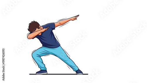 Young man in a blue t-shirt and light blue pants performing the popular dab dance move isolated on a white background.