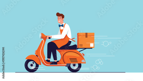 Cheerful delivery courier riding an orange motor scooter carrying a package box against a light blue background.