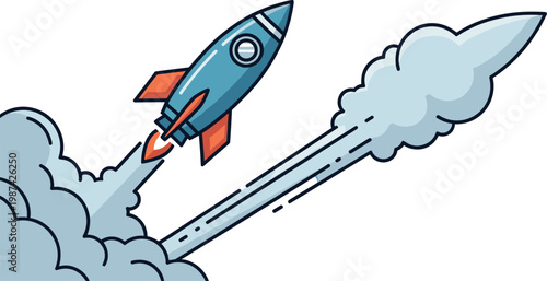 A cartoon rocket ship blasting off into space on transparent background
