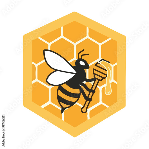 Yellow cartoon bee flying near a sweet honeycomb and hive, a vibrant vector illustration of the stinging insect with black wings isolated on a nature background