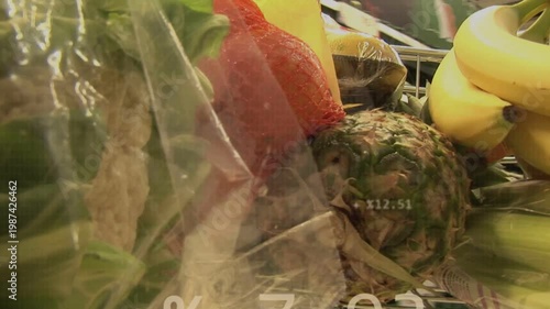 Store data feed starting, grocery overlays appearing over produce, animating charts tracking stock