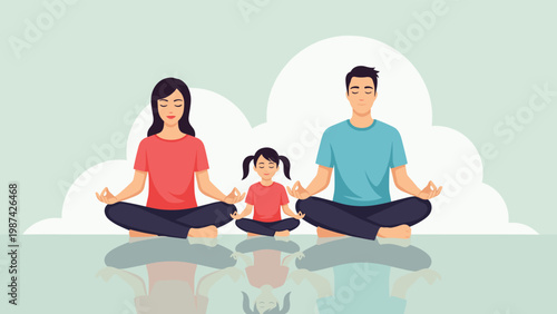 Family consisting of a mother, father, and young daughter sitting in a lotus position and meditating together peacefully.