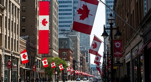 Canadian Flags in City Street Urban Patriotic Celebration