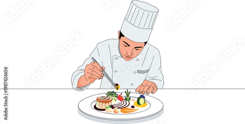 A chef in a white uniform garnishing a plate of food on transparent background