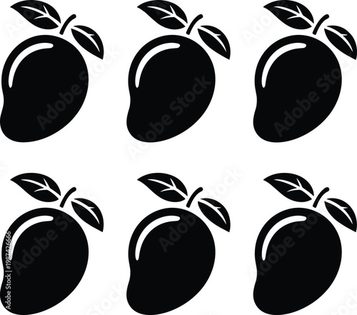 Six Black Mango Icons with Leaves Simple Vector Pattern Food Tropical Fruit