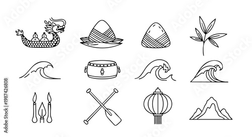Minimalist Dragon Boat Festival Icon Set for Cultural Graphic Design