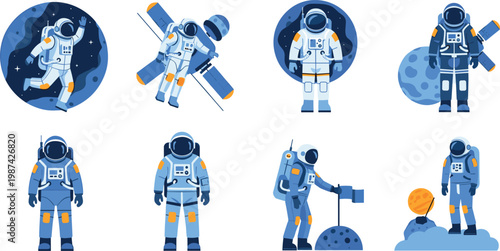A collection of astronauts in space on transparent background