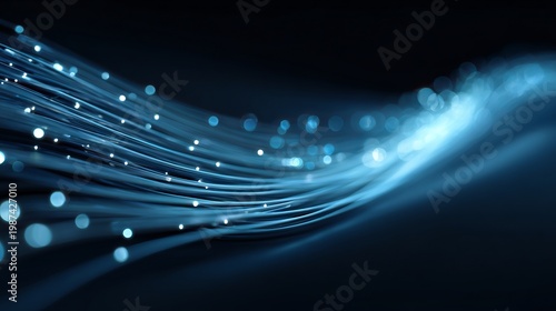 A vibrant blue light streaks across a dark background with glowing dots and lines