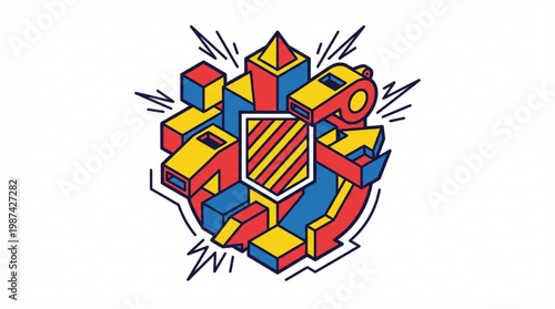 Colorful Shield Logo with Geometric Shapes.