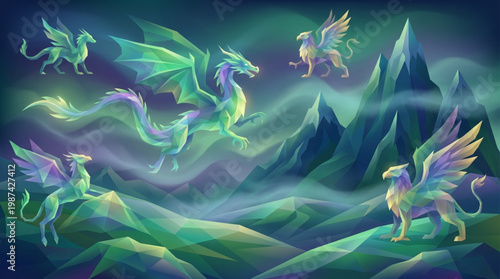Mythical winged dragons flying high.