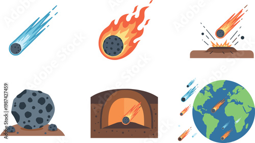 A colorful illustration of meteorites and asteroids in space on transparent background