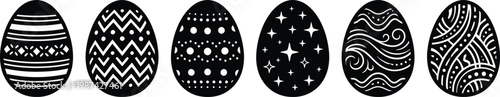 Set of minimalist flat black Easter egg silhouettes with various decorative patterns isolated on white background