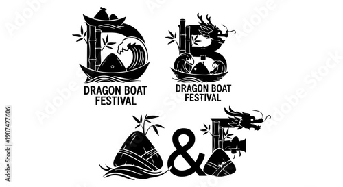 Traditional dragon boat festival vector logo set featuring bamboo leaves and zongzi