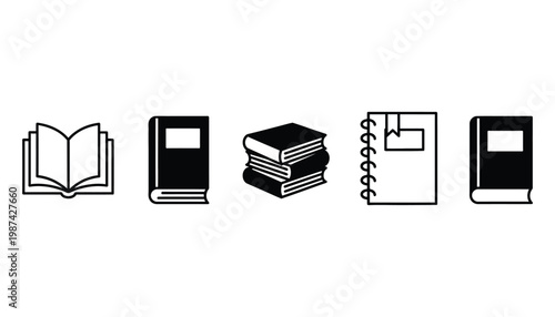 Book icon set including open book, single book, stacked books, and notebook