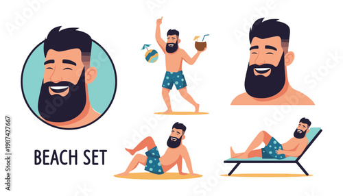 A cartoon bearded man in various beach poses and activities illustration set